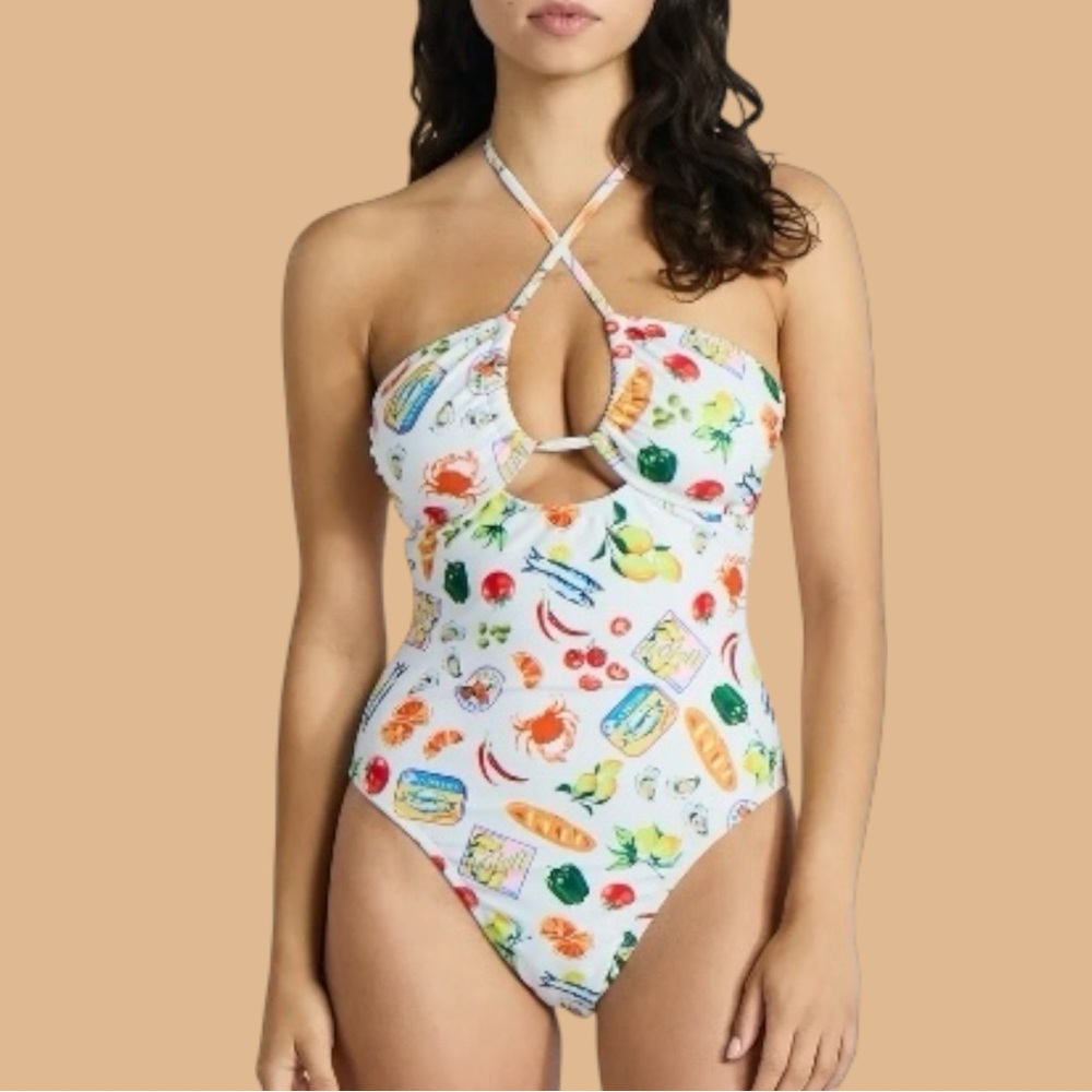 No Boundaries Women's Size XXS (00) Kitschy Printed Halter One-Piece Swimsuit